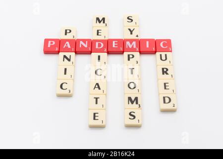 Letter tiles for medical response to 2020 cases in CV19, Coronavirus Pandemic COVID-19 which WHO classified as a pandemic. Symptoms, medication, etc Stock Photo