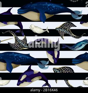 Seamless pattern with whale, devilfish, orca and octopus. Vector. Stock Vector