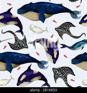 Seamless pattern with whale, devilfish, orca and octopus. Vector. Stock Vector