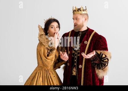 queen and smiling king with crowns holding hands isolated on grey Stock  Photo - Alamy