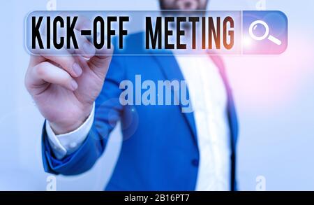 Handwriting text writing Kick Off Meeting. Conceptual photo first meeting with the project team and the client Stock Photo