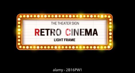 Realistic 3D light bulb cinema frame in retro style on black background. Stock Vector