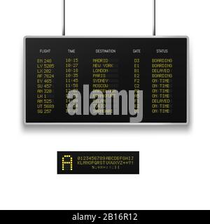 Realistic 3d digital led airport board with flight schedule. Stock Vector