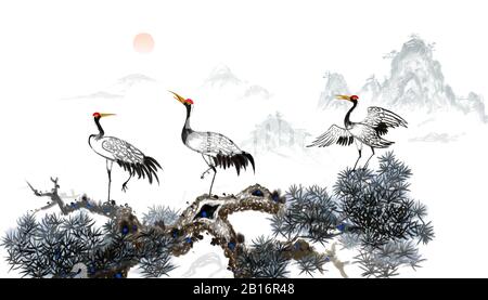 Pine crane  year-end chinese ink painting Stock Photo