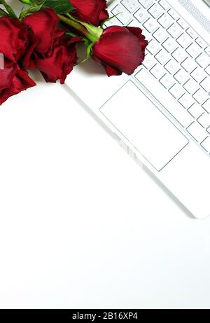 Modern stylish feminine desk or workspace coffee break creative composition, with high tech touchscreen laptop and red roses. Negative copy space. Stock Photo