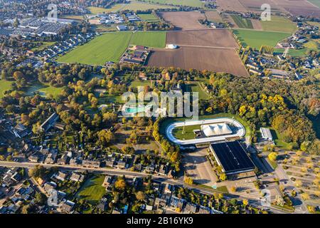 Aerial view, Lower Rhine Open Air Museum, Grefrather IceSport and EventPark, Bruckhausen district, Grefrath, Lower Rhine, North Rhine-Westphalia, Germ Stock Photo