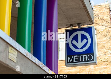 Montreal Quebec Canada February 23 2020: STM Metro sign with colorful pillars Stock Photo