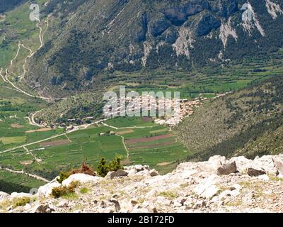 Aerial view of Gosol from Pedraforca mountain. Sierra del Cadi. Barcelona. Catalonia. Spain Stock Photo