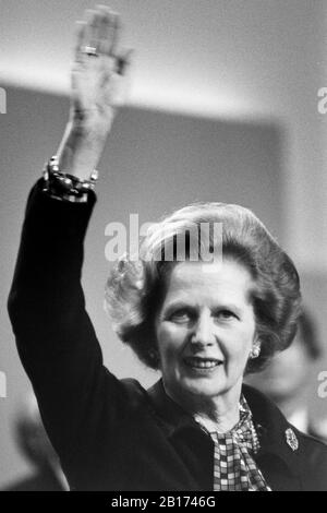 Prime minister Margaret Thatcher at the 1984 conservative conference. Speaking on the day after the overnight bombing of The Grand Hotel. Stock Photo