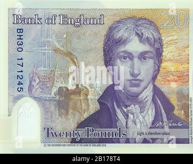 New British 20 pound polymer banknote with Turner released in February 2020 in the United Kingdom. Stock Photo