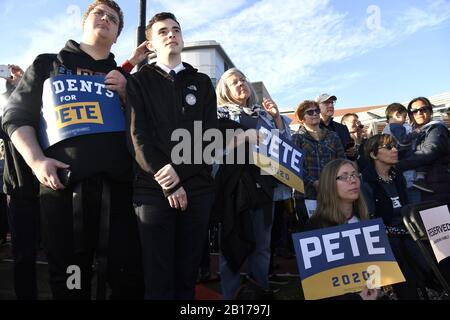 Arlington, United States. 23rd Feb, 2020. Supporters of Democratic presidential candidate Pete Buttigieg listen to his remarks during a campaign rally at Washington-Liberty High School, Sunday, February 23, 2020, in Arlington, Virginia. Virginia goes to the polls as part of the Super Tuesday primaries, March 2. Photo by Mike Theiler/UPI Credit: UPI/Alamy Live News Stock Photo