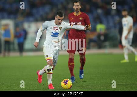 Rome, Italy. 23rd Feb, 2020. Rome, Italy - 23.02.2020: Giulio Donati (leave) in action during the Italian Serie A soccer match 25 between As Roma vs Lecce, at Olympic Stadium in Rome. Credit: Independent Photo Agency/Alamy Live News Stock Photo