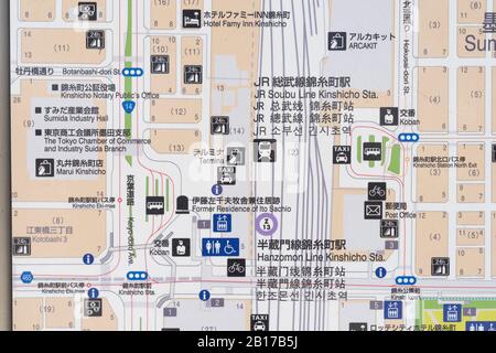 Multi language map, near Kinshi park, Sumida-Ku, Tokyo, Japan Stock Photo