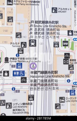 Multi language map, near Kinshi park, Sumida-Ku, Tokyo, Japan Stock Photo