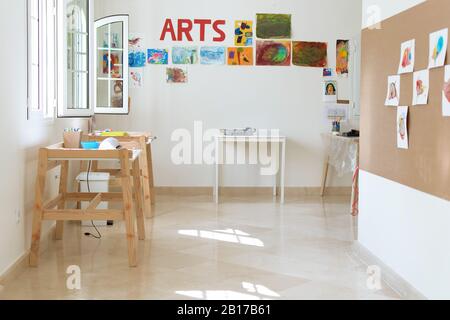 Kindergarten empty room for art education class. Stock Photo