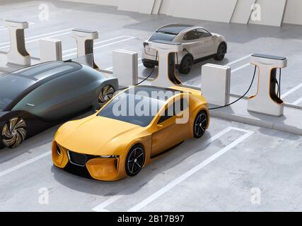 Electric cars charging at Public Charging Station. 3D rendering image. Stock Photo