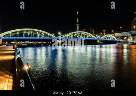 Umaya bridge and Toyko Skytree, Sumida river, view from Taito-Ku, Tokyo, Japan Stock Photo