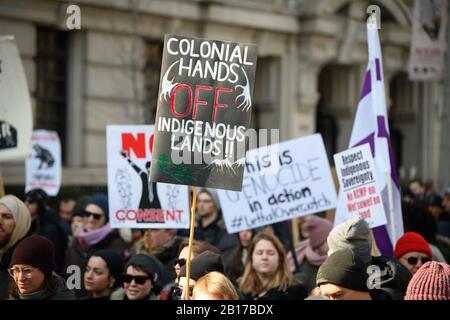 Anti-pipeline protesters march through downtown Toronto in solidarity with the Wet'suwet'en as part of the Shut Down Canada protests. Stock Photo