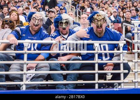 Feb 23, 2020: St. Louis fans done a Battlehawk mask in a game where the NY Guardians visited the St. Louis Battlehawks. Held at The Dome at America's Center in St. Louis, MO Richard Ulreich/CSM Stock Photo