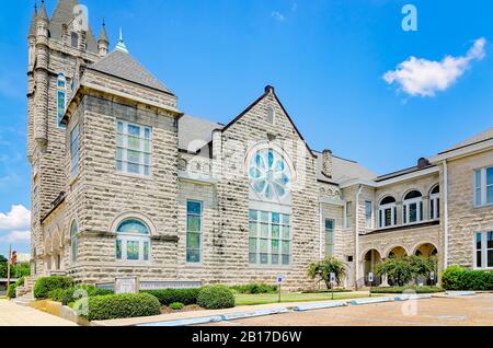 The First Presbyterian Church is pictured, July 26, 2019, in Vicksburg, Mississippi. The 1907 church was built in the Romanesque Revival style. Stock Photo