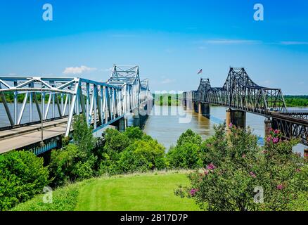 The old and new Vicksburg Bridge, also called the Mississippi River Bridge, span the Mississippi River at the Welcome Center in Vicksburg, Mississippi. Stock Photo