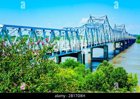 The Vicksburg Bridge, also known as the Mississippi River Bridge, spans the Mississippi River, July 26, 2019, in Vicksburg, Mississippi. Stock Photo