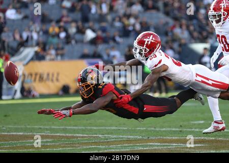 February 23, 2020: LA Wildcats wide receiver Tre McBride (15) comes up short in his diving effort in the first half of the game between DC Defenders and Los Angeles Wildcats, Dignity Health Sports Park, Carson, CA. Peter Joneleit/ CSM Stock Photo