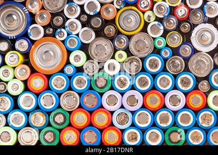 Close up of colorful spent discharged batteries of different sizes and formats. Used rechargeable Nickel Metal Hydride (Ni-MH), Nickel-Cadmium(Ni-Cd) Stock Photo
