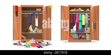 Wardrobe before and after organization Stock Vector