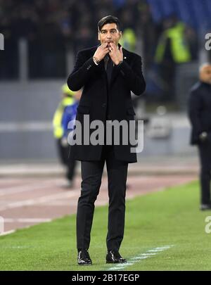 Rome, Italy. 23rd Feb, 2020. Roma's head coach Paulo Fonseca reacts during a Serie A soccer match between Roma and Lecce in Rome, Italy, Feb. 23, 2020. Credit: Augusto Casasoli/Xinhua/Alamy Live News Stock Photo