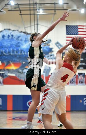 Player having her progress halted by the presence of an opposing defender. USA. Stock Photo