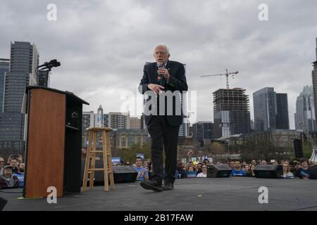 Austin, Texas, USA. 23rd Feb, 2020. Presidential candidate BERNIE SANDERS speaks to a crowd of 6,000 at the final event of a weekend swing through Texas after winning the Nevada caucuses on Saturday. Sanders is considered the front runner in the Democratic primary approaching Super Tuesday. Credit: Bob Daemmrich/ZUMA Wire/Alamy Live News Stock Photo