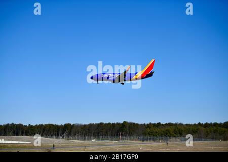 Southwest Airlines flight landing at the Baltimore Washington international airport in, MD, USA Stock Photo
