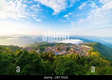 Aerial view of Phongsali, North Laos near China. Yunnan style town on scenic mountain ridge. Travel destination for tribal trekking in Akha villages. Stock Photo