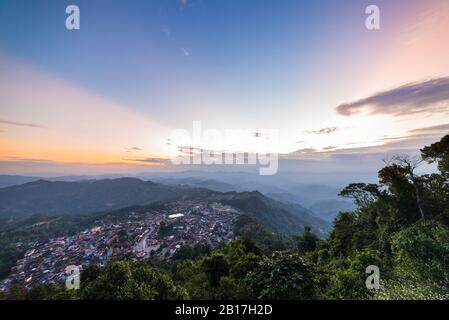 Aerial view of Phongsali, North Laos near China. Yunnan style town on scenic mountain ridge. Travel destination for tribal trekking in Akha villages. Stock Photo