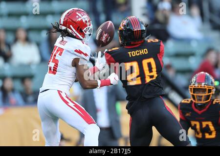 February 23, 2020: DC Defenders Rashad Ross (15) and LA Wildcats safety Jack Tocho (29) battle for the ball as Tocho comes up with he interception in the second half in the game between DC Defenders and Los Angeles Wildcats, Dignity Health Sports Park, Carson, CA. Peter Joneleit/ CSM Stock Photo