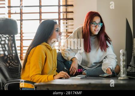 Two teenage girls using computer at home Stock Photo