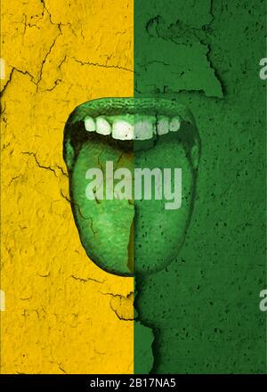 Mouth with tongue out over green and yellow textured background freaky unique template design Stock Photo