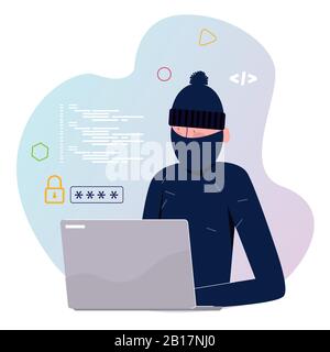 Hacker stealing password wearing mask to cover the face. On laptop thief criminal spy theft digital information coding Stock Vector