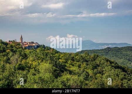Croatia, Istria, Labin, View of town and green hills Stock Photo