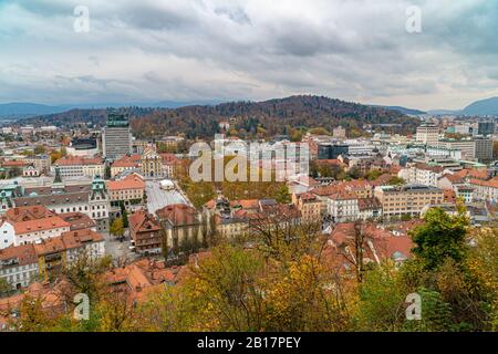 Ljubljana city panorama shoot from above, Slovenia, Europe Stock Photo