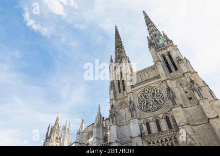 France, Gironde, Bordeaux, Low angle view of spires of Bordeaux Cathedral Stock Photo