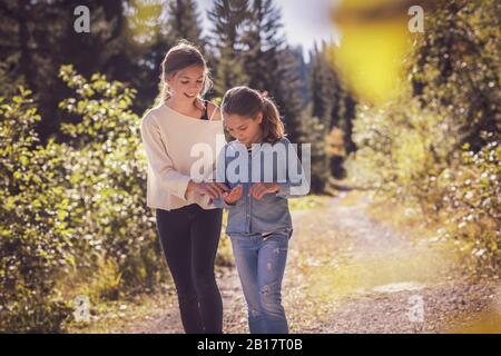 Two sisters walking on forest path Stock Photo