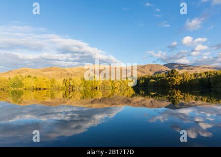 New Zealand, Franklin District, Glenbrook, Forested hills reflecting in Wairepo Arm lake in autumn Stock Photo