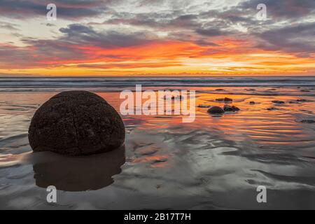 New Zealand, Oceania, South Island, Southland, Hampden, Otago, Moeraki, Koekohe Beach, Moeraki Boulders Beach, Moeraki Boulders, Round stones on beach at sunrise Stock Photo