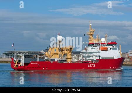 The Royal Navy ice patrol ship HMS Protector (A173) arriving at Portsmouth, UK on the 14th August 2013. Stock Photo
