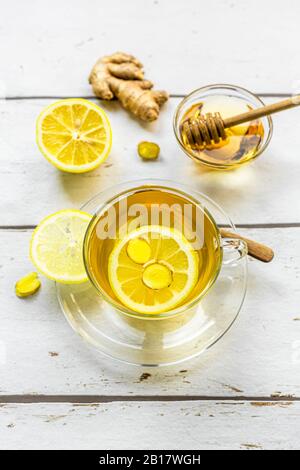 Studio shot of hot tea with ginger, lemon and honey Stock Photo