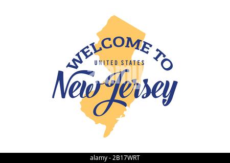 Welcome To NEW JERSEY Word Text, Creative Font Design Illustration, Welcome sign with a map Stock Vector