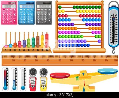 Large set of different measurement tools on white background illustration Stock Vector
