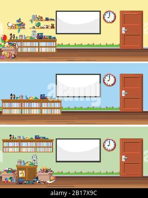 Background scene with whiteboard and toys illustration Stock Vector
